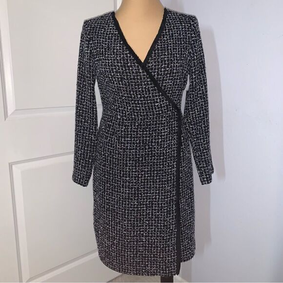 Donna Karan NWT Tweed Faux Wrap Black and Blue Midi Dress - Picture 1 of 9